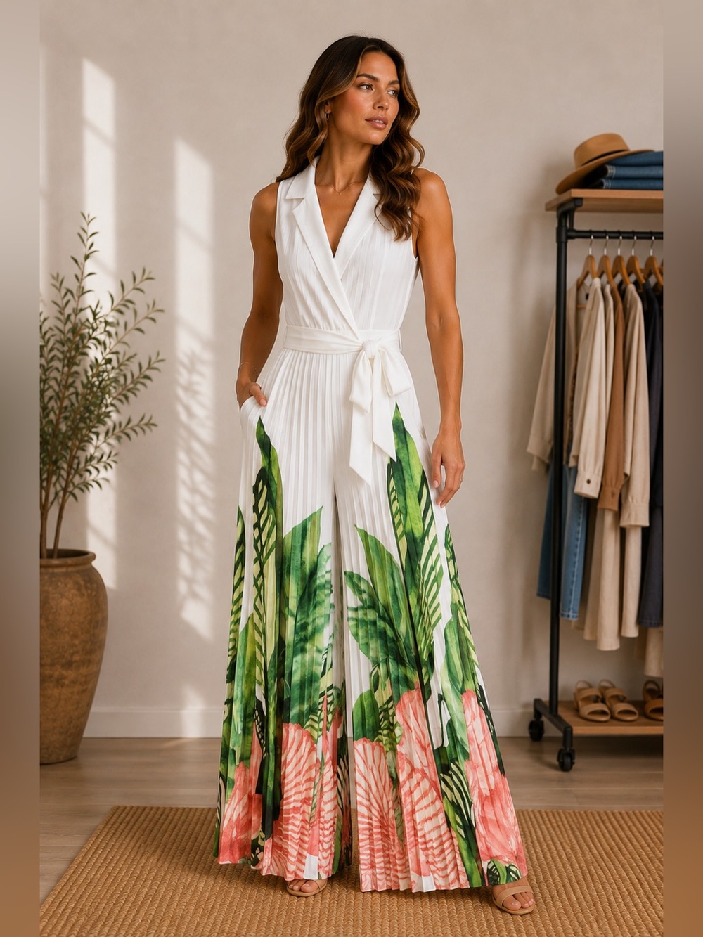 628. Tropical Escape Pleated Wide-Leg Jumpsuit